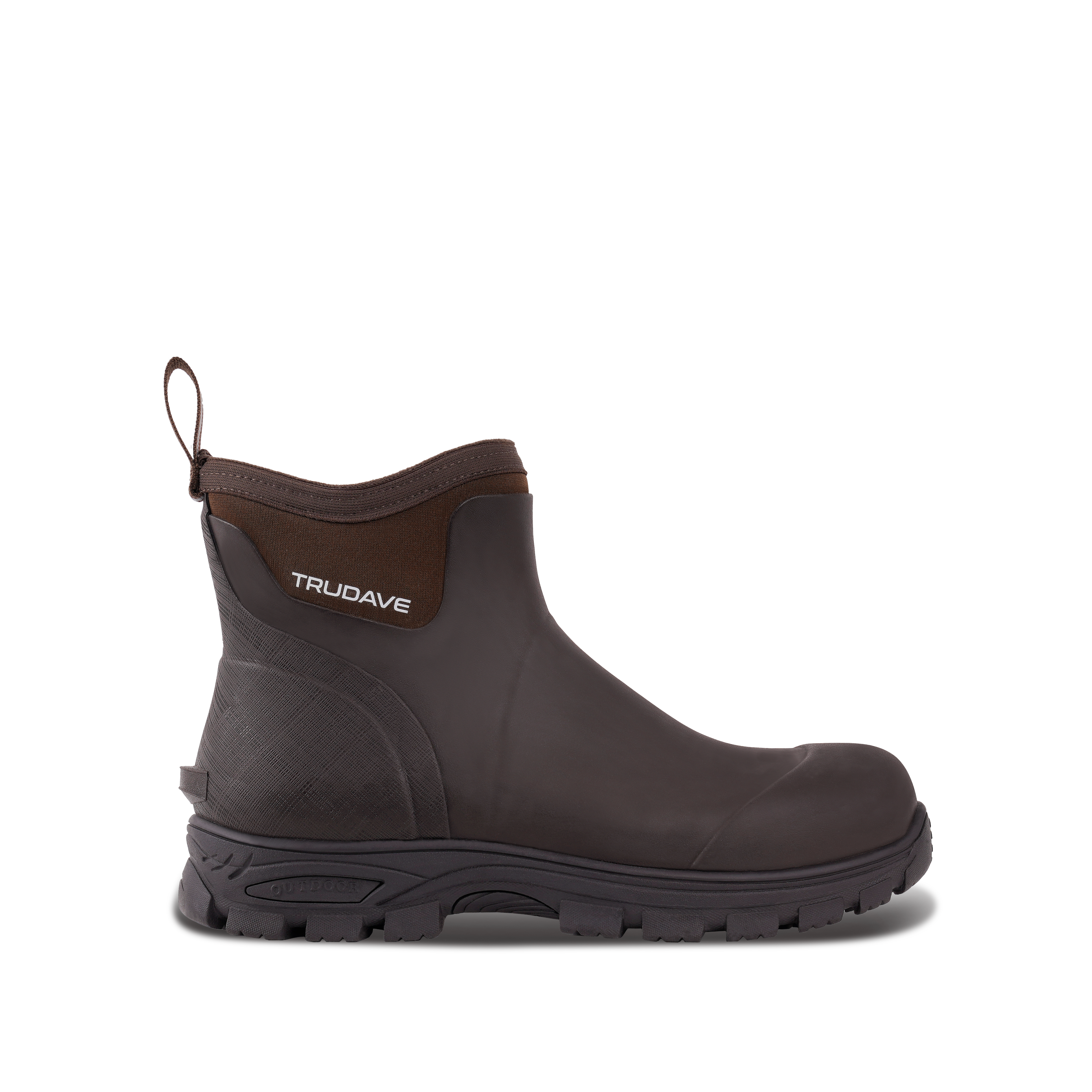Side view of Trudave HuntGuard Series men’s waterproof ankle rubber rain boots in brown showing durable waterproof shell and non-slip sole for garden and outdoor work